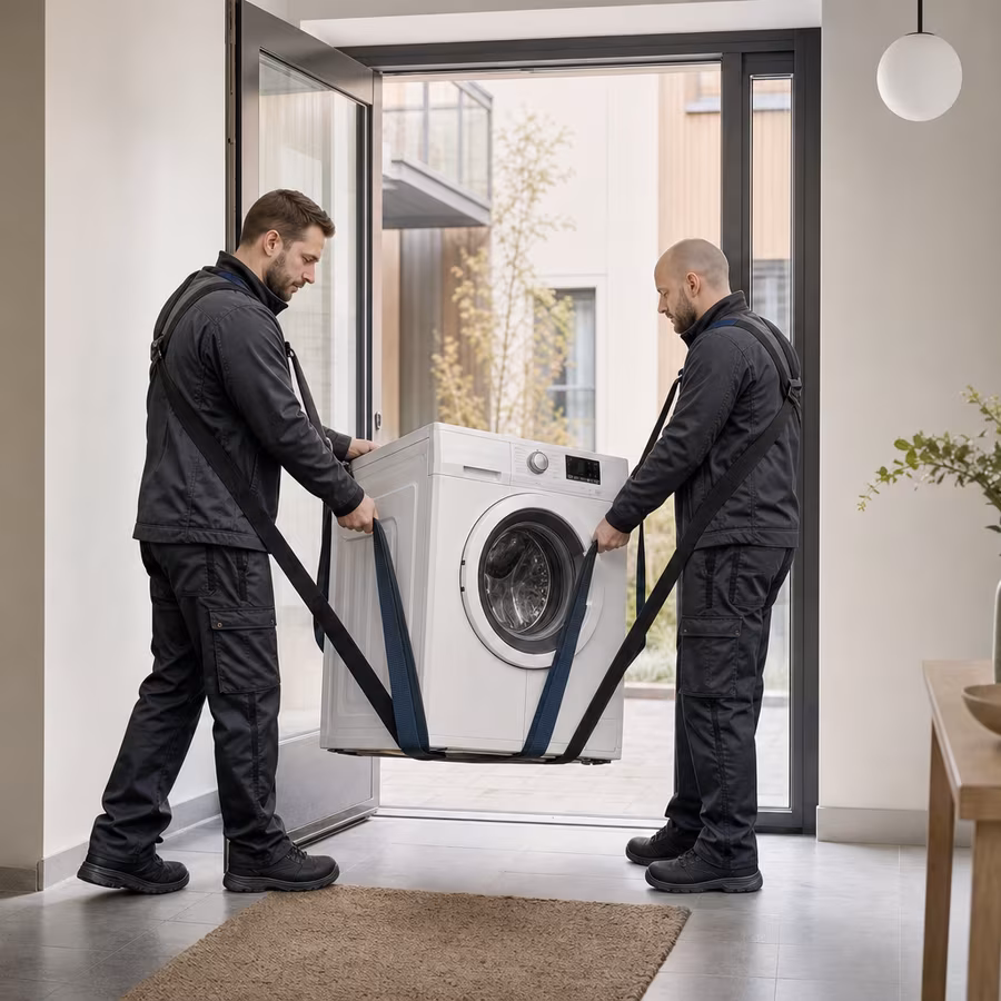 Fotografi av två medarbetare som bär in en tvättmaskin
