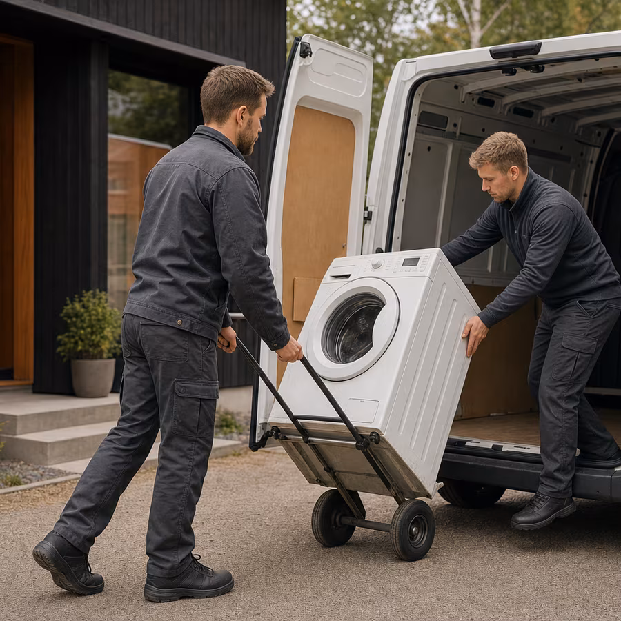 Medarbetare lastar en gammal tvättmaskin för borttransport till återvinning